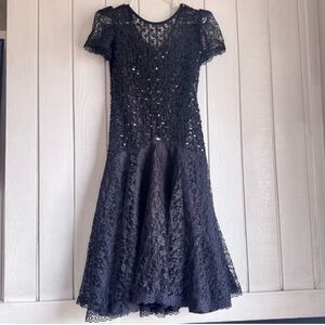 Vintage Night Moves Black Sequin Lace Midi Dress